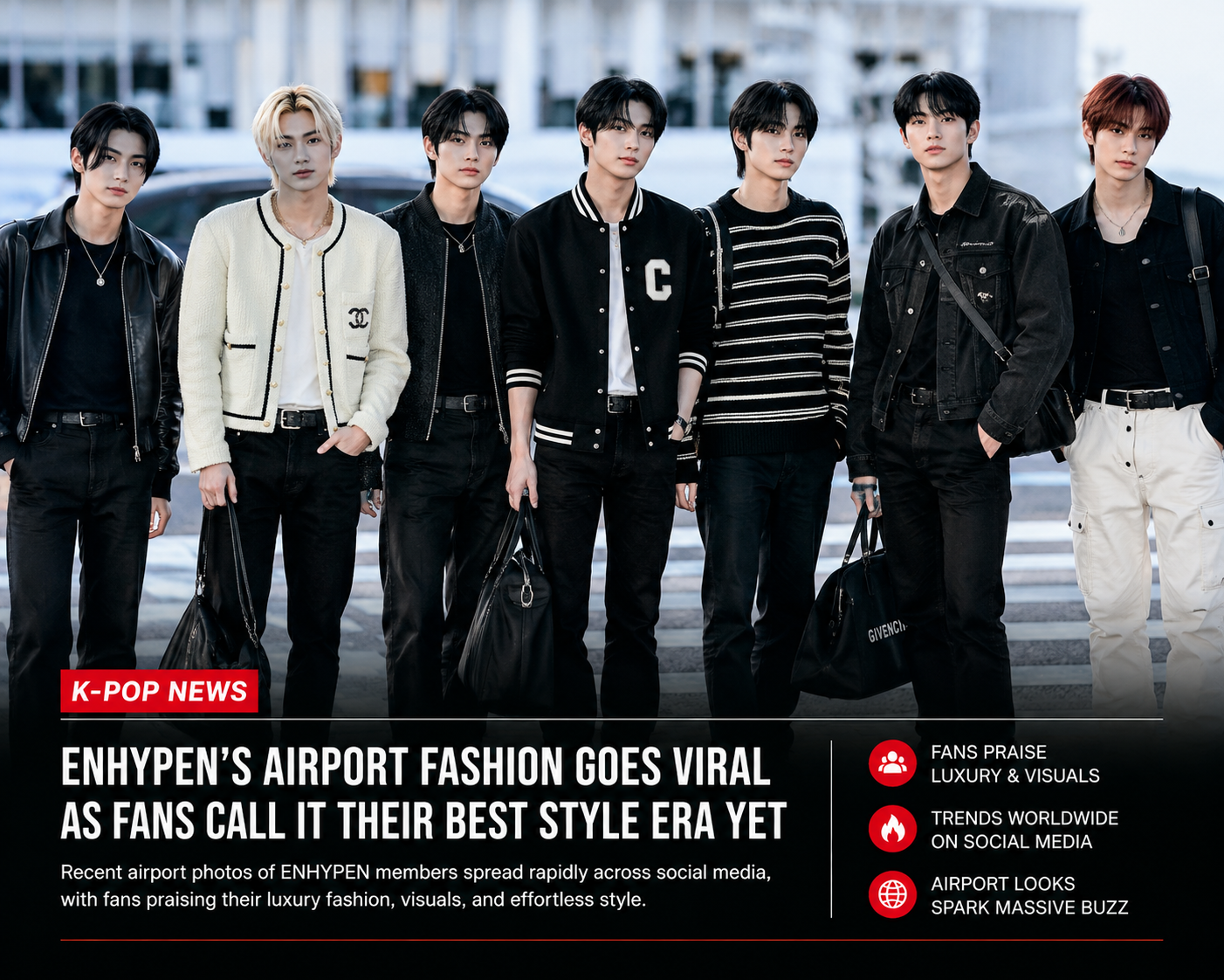 ENHYPEN members arrive at the airport wearing coordinated luxury streetwear looks, quickly drawing attention from global fans and fashion communities online.