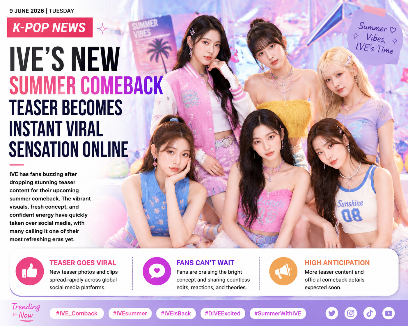 IVE members pose in colorful summer-themed teaser visuals ahead of the group’s upcoming comeback, sparking viral reactions and excitement across global social media platforms.