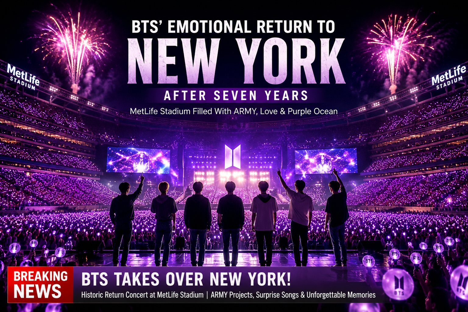 A packed crowd fills MetLife Stadium as seven performers stand before a sea of purple lights during a concert celebrating BTS' highly anticipated return to New York, marking the group's first performance at the venue in seven years.